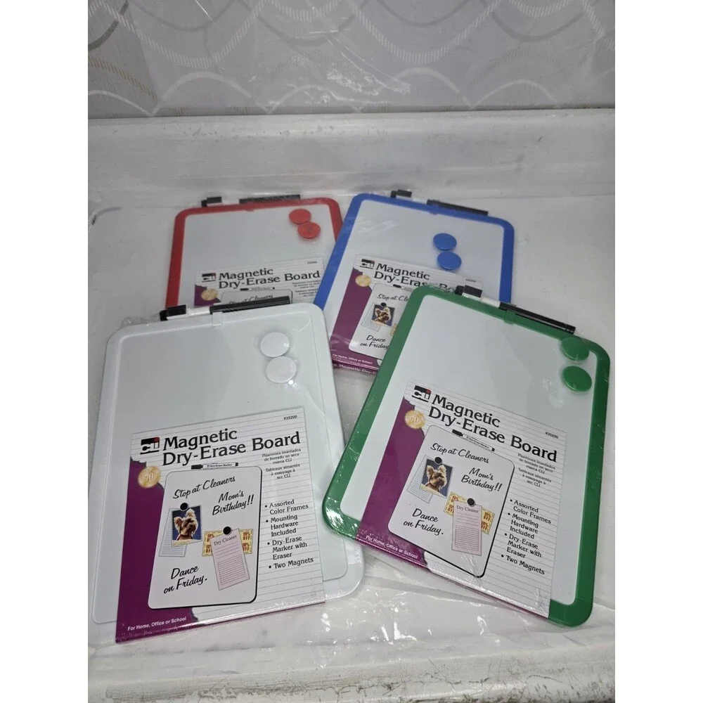 4 Charles Leonard Framed Magnetic Dry Erase Board with Marker & Magnets, Assort